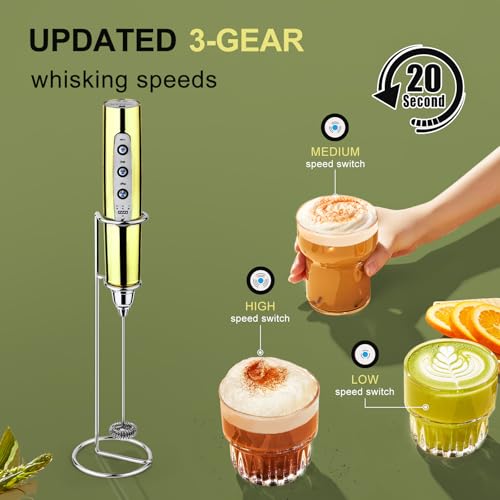 Image of YUSWKO Champagne Gold Handheld Milk Frother Wand with Stand for Coffee, Rechargeable Electric Whisk with 3 Heads 3 Speeds Drink Mixer Coffee Frother For Latte, Cappuccino, Hot Chocolate, Egg