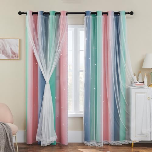 XiDi Cortinas Opacas – Cortinas Recortadas a Estrellas para Dormitorio, habitación Infantil, Sala de Estar, Arco Iris, Cortinas con Ojales para Ventanas, 2 Paneles 87 × 160 cm