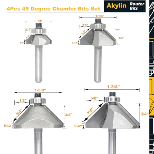 Akylin US-AKRB0114XJD45-19 4Pcs 45 Degree Chamfer Router Bit Set,1/4 Inch Shank,1/4 Inch,1/2 Inch,3/4 Inch And 7/8 Inch Bevel Length,Eased Edge Cutter thumb #1