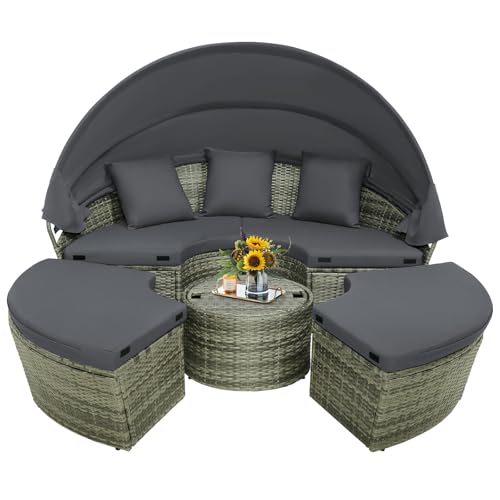 Tangkula Patio Round Daybed with Retractable Canopy, Outdoor Wicker Rattan Furniture Set, Sectional Cushioned Sofa Set with Height Adjustable Coffee Table, Rattan Conversation Set (Grey)