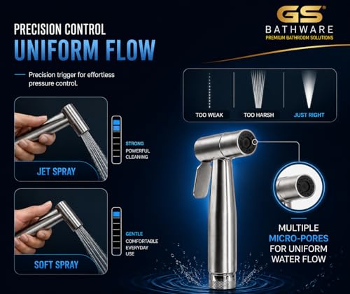 Image of SS304 Stainless Steel Health Faucet Complete Set | High Pressure Jet Spray for Toilet | 1 Meter Hose Pipe & Wall Hook | Hand Bidet Sprayer | Brushed Steel Finish