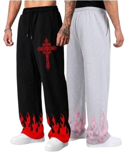 Men's Casual Joggers Combo Set (Pack of 2) - Stylish Streetwear Sweatpants with Flame Graphic Design-picture-41