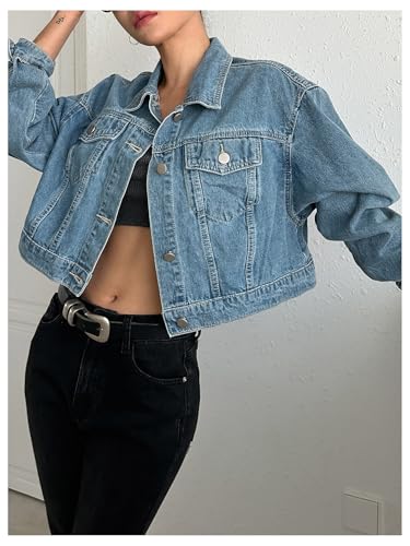 WDIRARA Women's Button Down Cropped Denim Jacket Long Sleeve Jean Jackets4