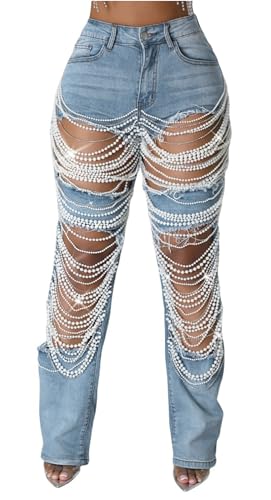 Recious Womens Sexy Ripped Distressed Destroyed Rhinestones Pearls Chain Party Clubwear Denim Pants Jeans4