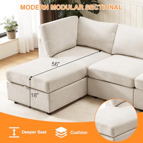 Image of TEKAMON 122 inch Modern Sofa Modular Sectional Couch, 4-Seat Chenille Deep Seat Sofa for Living Room, Bedroom and Apartment, Beige