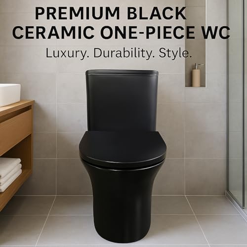 Image of Hindware Italian Collection Cora One Piece Commode for Bathroom | Made of Ceramic | S-220 Trap | Matte Black Finish | 2D Syphonic Flushing | Soft Close Duroplast Seat Cover | 10-Year Warranty