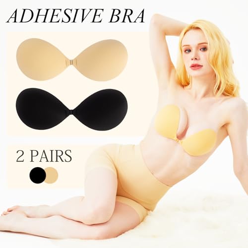 2025 Push Up Sticky Bra, 2 Pack Reusable Adhesive Invisible Strapless Backless Silicone Bra with 4 Nipple Covers2