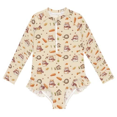 Squirrel Pattern Girls Long Sleeve Swimsuit Rash Guard One Piece Bathing Suits Zipper 3-12T