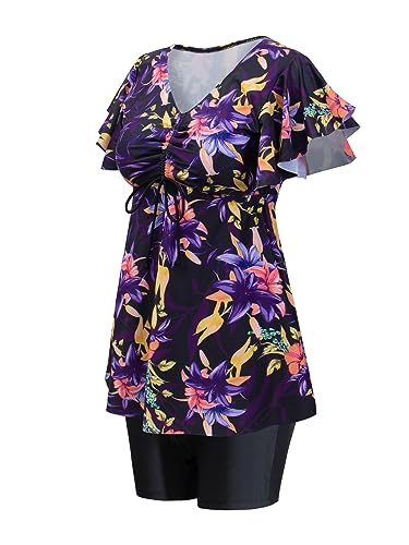 Fanuerg Women's Tankini Swimsuits Ruffled Flowy Tankini Tops with Boy Shorts Swimwear Tummy Control Two Piece Bathing Suits3