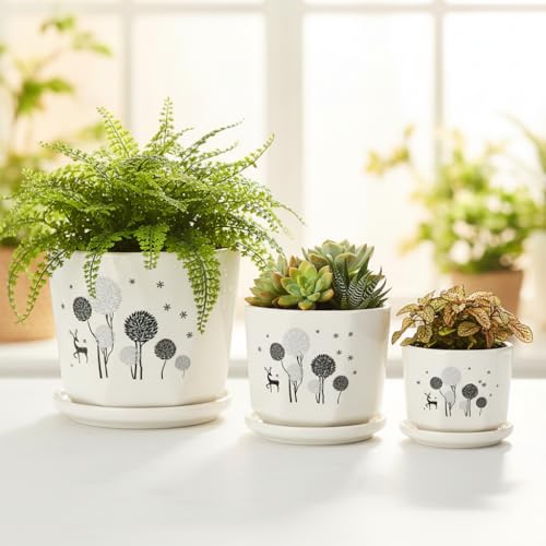 Image of Xtore Charming Ceramic Planter Pots Set of 3 with Drainage Tray | Minimalist Printed Flower & Deer Plant Holders for Home, Balcony & Office Decor (White - Planters Only)