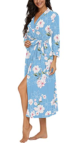 Vintatre Women Kimono Robes Long Knit Bathrobe Lightweight Soft Knit Sleepwear V-Neck Casual Ladies Loungewear Fp-Light Blue-Large #TOP3