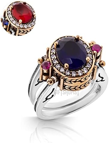 Turkish Handmade Jewelry Reversible Oval Shape Sapphire Ruby Round Cut White Topaz 925 Sterling Silver Ring Size All