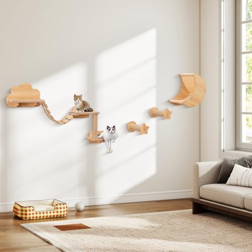 Juego de 6 estantes murales para gatos de madera miniatura 2