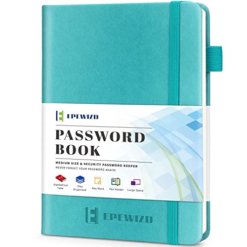 EPEWIZD Password Book with Alphabetical Tabs Hardcover Medium Size Password Book for Website Username Internet login Computer Address Password Organizer Keeper Logbook-Turquoise