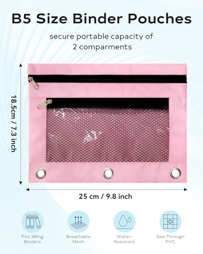 Image of Pencil Pouch 3 Ring Binder: 3 Ring Binder Pencil Case Bag Zipper Pencil Pouch Bulk Holder Accessories Clear Window Pencil Case Aesthetic Pencil Organizer Pockets (Pink, 1), 3RB-muti