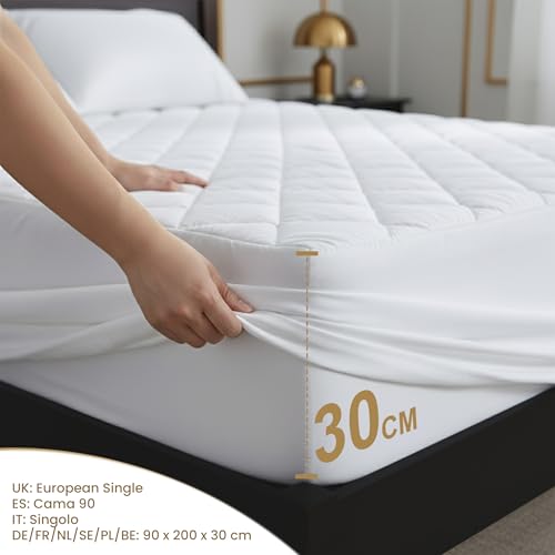 Utopia Bedding Gesteppter Matratzenschoner 90 x 200 cm, Spannmatratzenauflage, Tiefe Tasche Matratzenbezug dehnt Sich bis zu 30 cm (Weiß)