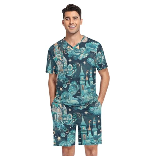 Magic Castle Night Sky Cloud Star Fairytale Pattern Men's Pajama Sets Sleepwear Short Sleeve Lounge Sets for Men S-2XL