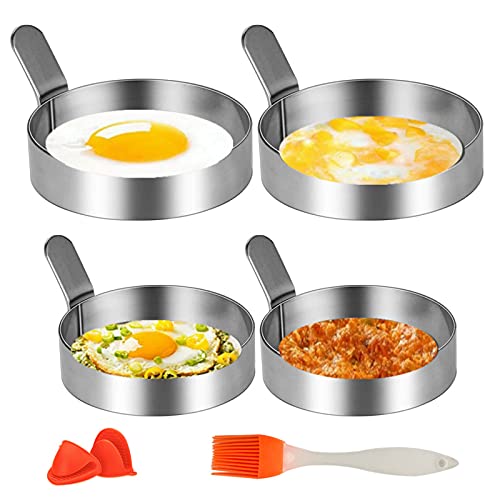 Stainless Steel Round Egg Frying Rings 4pcs Set Non Stick Egg Shaper Mold with Silicone Brush and Glove for Griddle Pan for Frying Cooking (7.3cm 2pcs & 9cm 2pcs)