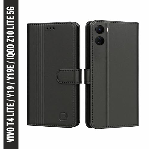 Image of AIBEX Shock Proof Flip Compatible for Vivo T4 Lite 5G /iQOO Z10 Lite 5G /Vivo Y19 5G /Vivo Y19e Flip Cover Leather Finish|Inside TPU with Card Pockets|Wallet Stand|Complete Protection Flip Case- Black