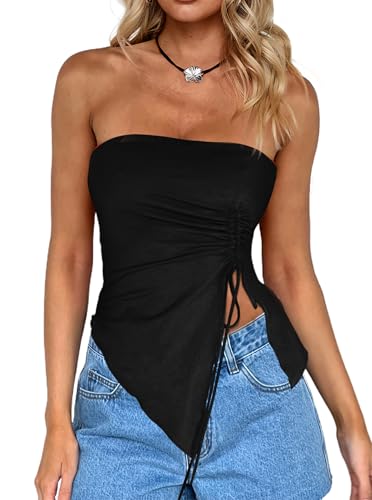 CSDAJIO Women's Drawstring Ruched Side Asymmetrical Hem Tube Top Strapless Crop Top Going Out Shirt
