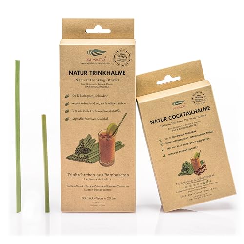Natur Trinkhalme, Strohhalme aus Bambus Gras, 13 cm, Einweg Trinkröhrchen, 100St. biologisch abbaubar