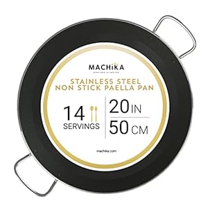 Machika Stainless Steel Pan with Non-Sticking Surface | Cooking Pan | Large Skillet Perfect for Preparing Mediterranean Food | Sandwich Bottom | 14 Servings | 20 inches |