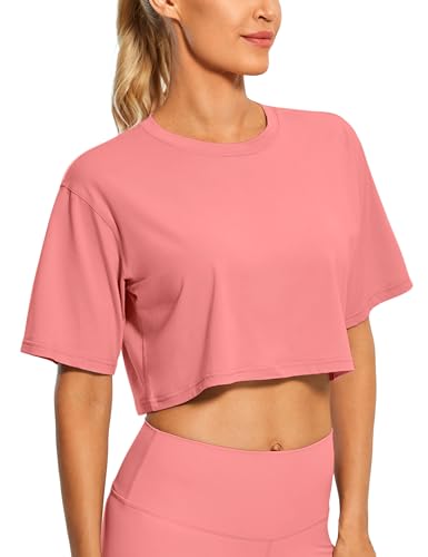 Image of CRZ YOGA Pima Cotton High Neck Crop T-Shirt | Workout, Naturally Soft, Loose Fit, Short Sleeve Tops for Women
