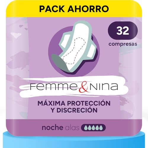 FEMME & NINA 32 Compresas con Alas, Algodón con Tacto Suave para Extra Confort, Núcleo Altamente Absorbente, Máxima Protección y Discreción, Cero Olor e Incomodidad, Noche con Alas, 4 Paquetes