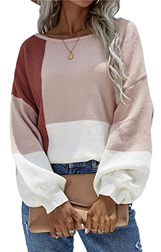 Image of ECOWISH Women Sweater Long Sleeve Color Block Knit Pullover Sweaters Crew Neck Patchwork Casual Loose Jumper Tops