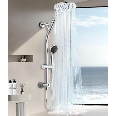 MakeFit Dual Shower Head with Handheld Combo 8'' Rainfall Shower Head Easy Reach 3-way Diverter Drill-free Stainless Steel Slide Bar with Height Adjustable Holder Adjustable Rain Showerhead (Chrome) Cover