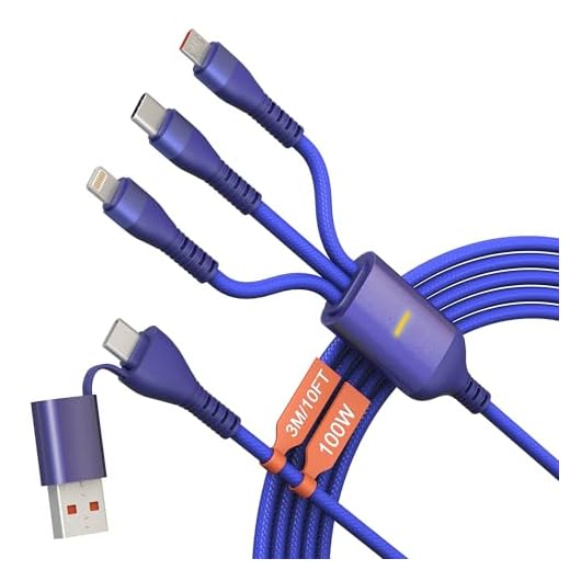 100W USB C to Multi Fast Charging Cable 3M/10Ft [MFi Certified] Fast Charging Cord USB C/A to Micro USB+Lightning(Data)+Type C(Data) Connectors, Multiple Charger Cable for Laptop/iPhone/Pad/Android