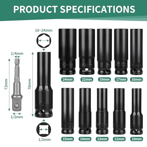 CPROSP 11-Piece Impact Wrench Nuts 1/2, Long Nut Set 1/2 10, 12, 13, 14, 15, 16, 17, 19, 22, 24 mm - Image 3