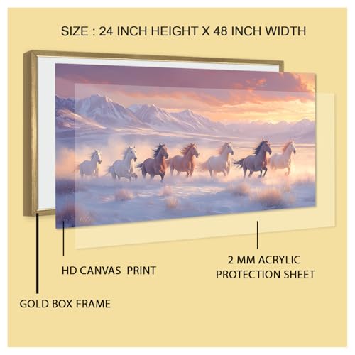 Image of PAPER PLANE DESIGN Seven Running Horses HD Canvas Print Wall Art - Premium Vastu Golden Box Frame With Acrylic - Elegant Home & Office Decor - Size: 2 x 4 Feet. (C)