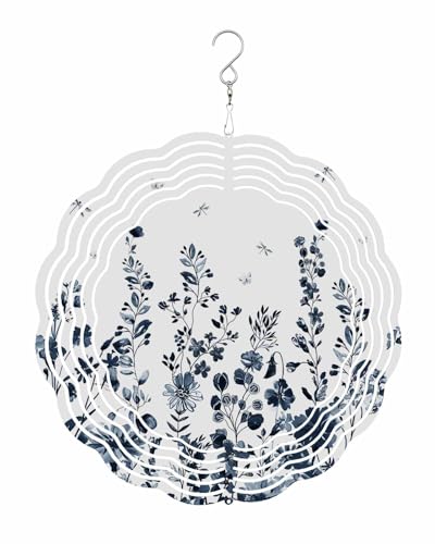 Floral Wind Spinners, Flower Bud Dragonfly Blue Hanging Wind Spinners for Yard and Garden 3D Stainless Steel Metal Sculptures Crafts Ornaments 10 Inch