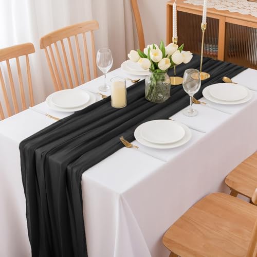 Chemin de table en mousseline noire pour repas de fête et table de mariage
