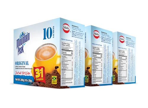 Jamaica Mountain Peak Original 3 in 1 Instant Coffee Mix, Coffee Creamer and Sugar (30 Sachets x 20g), Classic Smooth Flavor, Rich and Creamy, Just Add Water