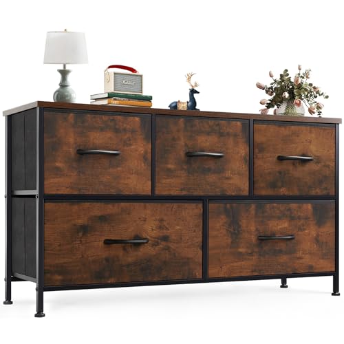 Image of OLIXIS 5 Drawer Dresser for Bedroom, Wide Fabric Storage Tower, Brown | Closet Chest Organizer Furniture, TV Stand for Living Room, Wooden Top and Metal Frame