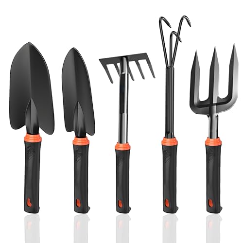 Garden Tool Set 5 Pcs Carbon Steel Gardening Hand Tools Including Garden Fork Trowel Weeding Fork Hand Rake Transplanter Trowel Set for Women Man Gardener Digging Planting & Weeding