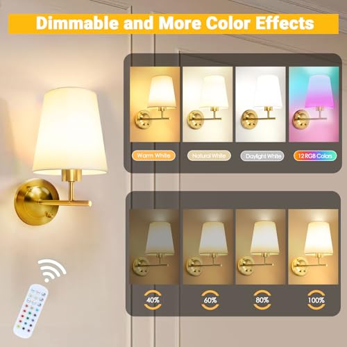 Image of Battery Operated Wall Sconce Set of Two with Remote and Dimmable LED Bulbs, 12 Colors Cordless Rechargeable Wall Lights with Timer, Gold Wireless Wall Lamps for Bedroom Living Room Hallway Entryway