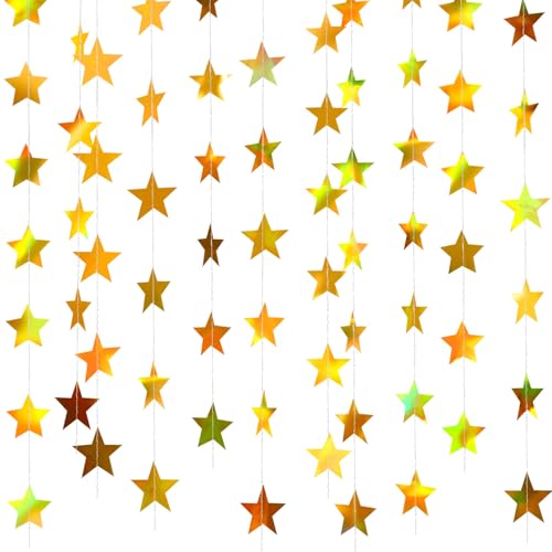 Image of Patelai Glitter Star Garland Banner 2026 Graduation Decor 130 Feet Star Hanging Banner Twinkle Backdrop for Party Birthday Classroom Wedding Supplies(Iridescent Gold)