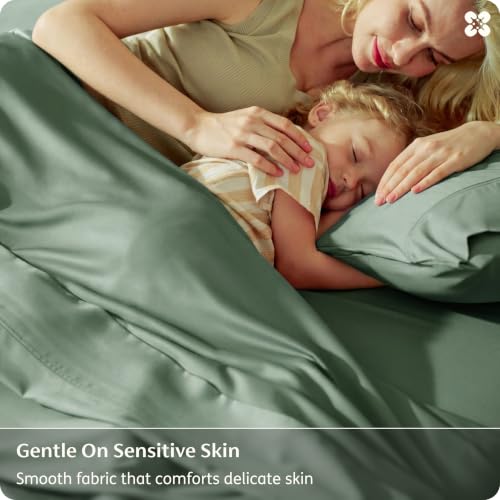 Image of Bedsure 100% Organically Grown Bamboo Viscose Queen Sheet Set | Cooling Bedsheets for Hot Sleepers | Luxury Silky Soft PureWoven | 18 inch Deep Pocket with Corner Straps | Oeko-Tex Certified [Sage Green]