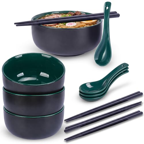 Ramen Bowl Set of 4 with Chopsticks and Spoons, 6.3" Green and Red, 37 oz