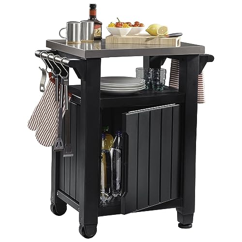 Keter Unity Small 40 Gallon Grill Prep Table and Storage Cart, Grey – BBQ Station with Wheels and Stainless Steel Top, Portable Serving Stand for Patio, Deck, and Backyard