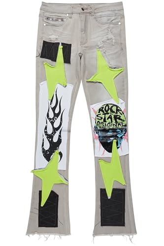 Men's Edgar Grey/Yellow Patchwork Stacked Flare Jean2