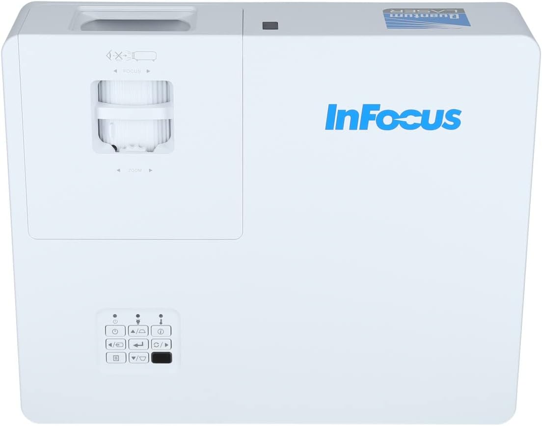 Primer pla superior view of InFocus P120 INL412 projector lens and control panel