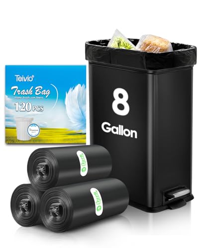 Image of Medium Trash Bags 8 Gallon 120 Counts, Fit 7,8,9,10 Gal Garbage Bags by Teivio, 30 Liter Thick Bathroom Can Bin Liners,Plastic Bags for Home Office Kitchen, Black