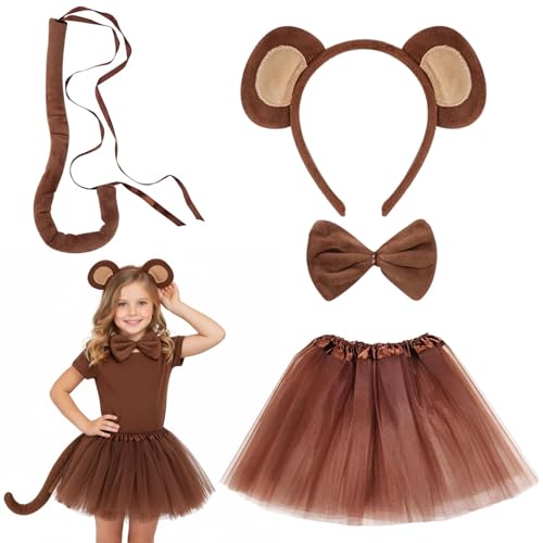 JISRKP Monkey Costume for Kids Brown Tutu Kids Childrens Monkey Costume with Headband Tail Bow Tie and Skirt for 100-140cm Height