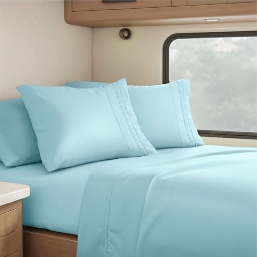 Nestl Light Blue Short Queen Sheets for RV, Hotel Luxury RV Queen Sheets Set, 4 Piece Fitted Bed Sheet Set and Pillowcases, Super Soft, Wrinkle-Free, and Breathable Camper Bedding