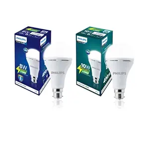 PHILIPS B22 Stellar Bright Rechargeable Emergency Inverter LED Bulb, 8W + 10W Emergency Bulb,Crystal White(Combo Pack)