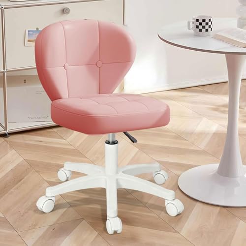 Image of Small Office Chair with Lumbar Support, PU Leather Armless Swivel Desk Chair Adjustable Height, Compact Rolling Chair for Home Office, Bedroom, Study (Pink)